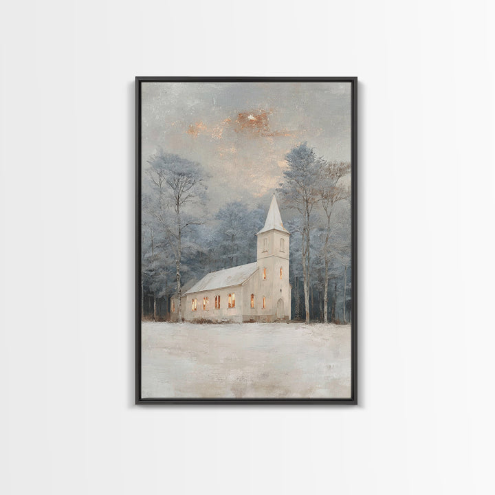 Frosted Chapel – Framed Canvas Print – Christian Wall Art – Christian Christmas Art – White Christmas Art – Christmas Canvas Wall Art – Chr