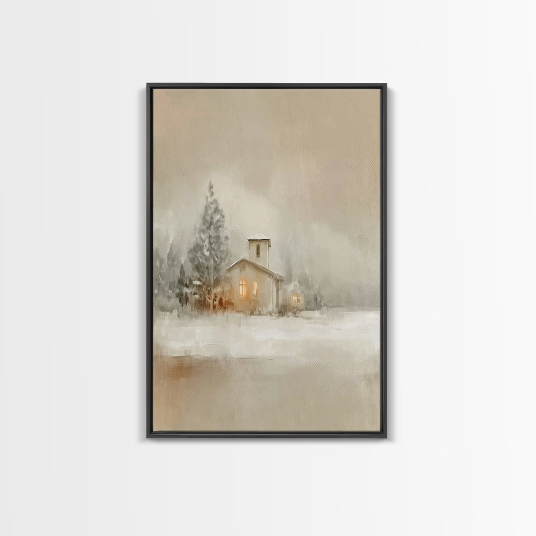 Snowy Church Calm | Framed Canvas Print | Christian Wall Art | Christian Art Canvas | Christmas Art | Christian Christmas Decor