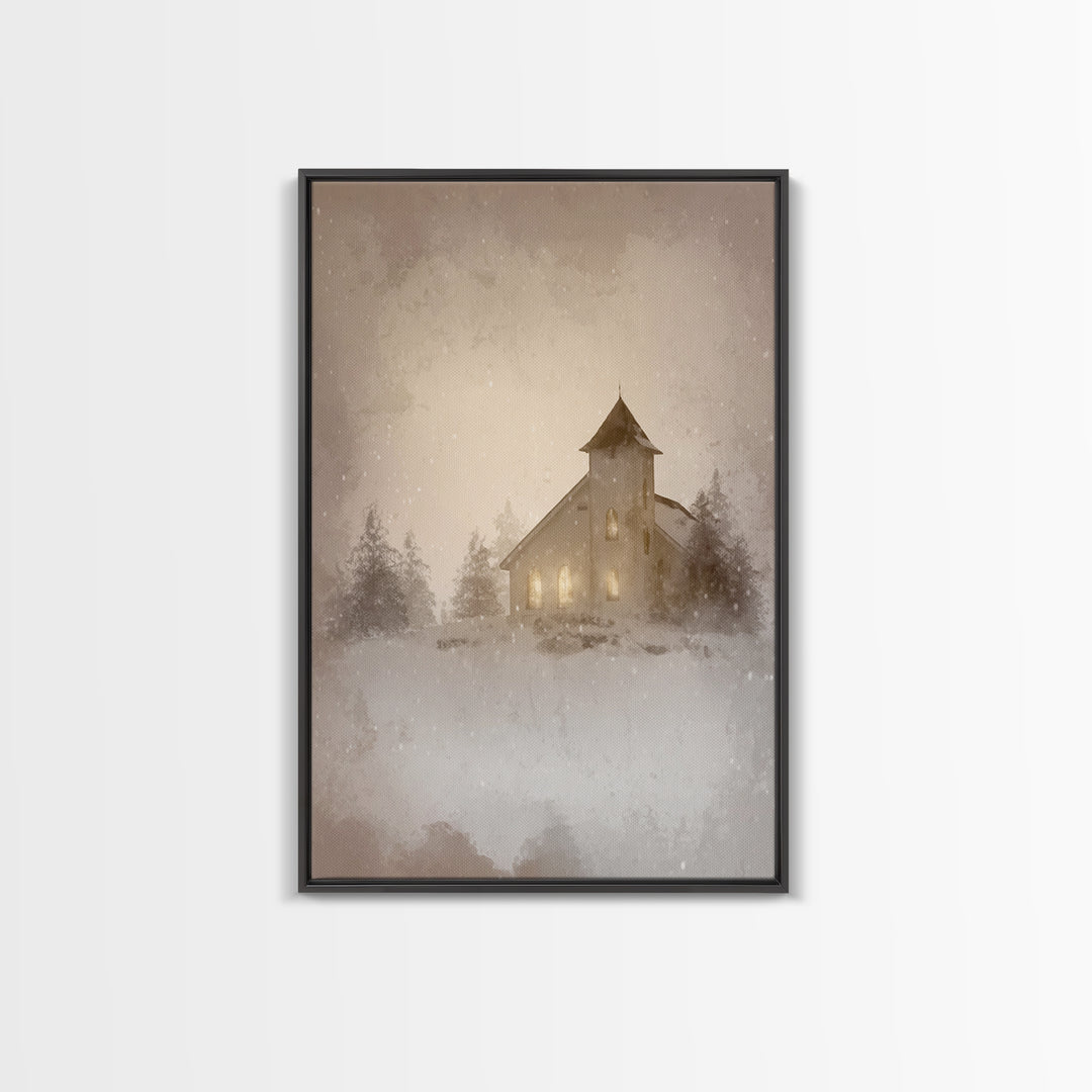 Silent Chapel Glow, Framed Canvas Print, Christian Wall Art, Christian Art Canvas, Christmas Art, Christian Holiday Art