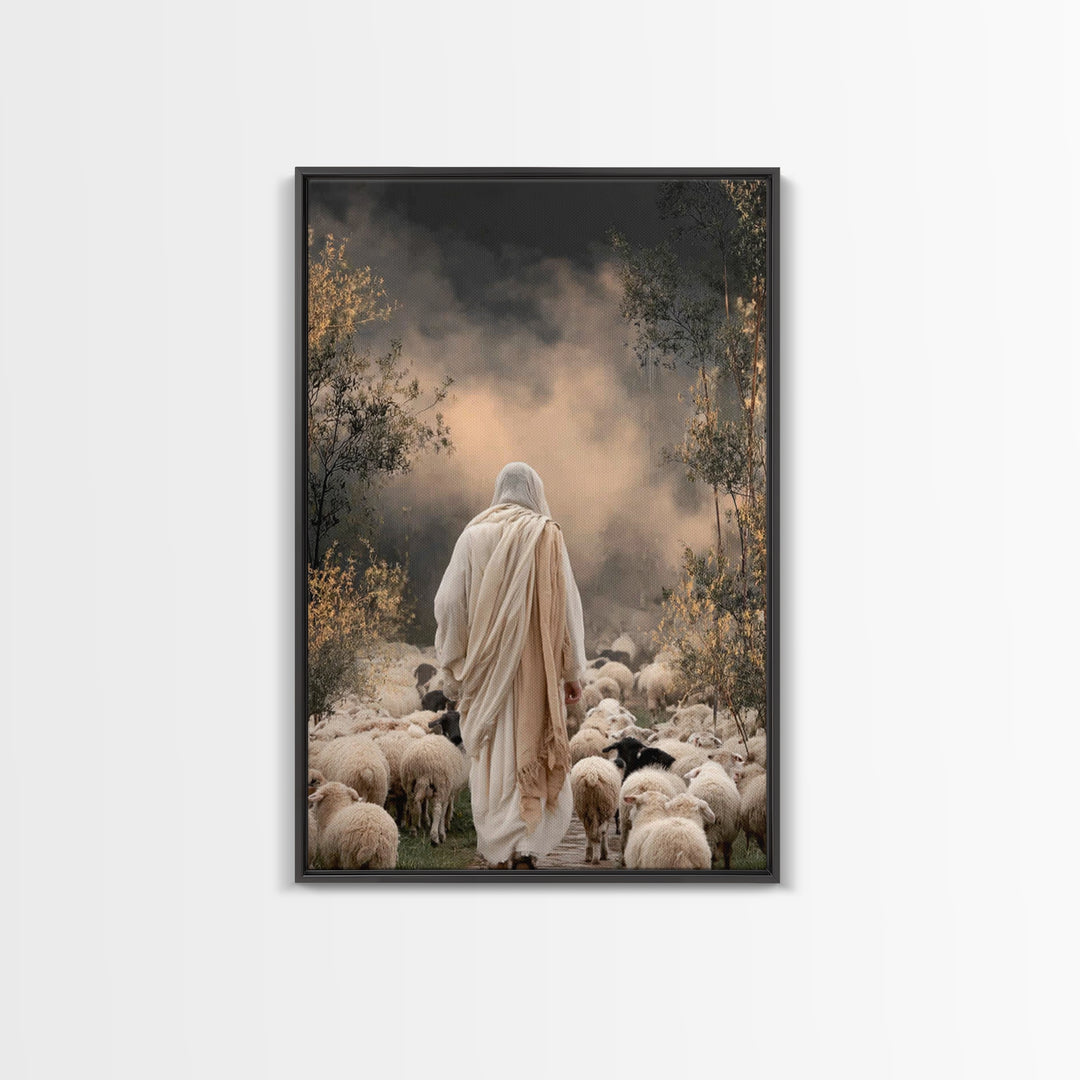 Guiding Shepherd Path – Framed Canvas Print – Jesus Painting – Christian Wall Art – Christian Art Canvas – Pastoral Scenery