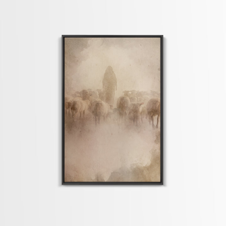 Shepherd In Haze | Framed Canvas Print | Christian Wall Art | Jesus Painting | Christian Art Canvas | Vintage Christian Art
