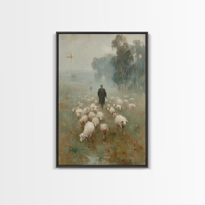 Misty Pasture Walk, Framed Canvas Print, Christian Wall Art, Christian Art Canvas, Jesus Painting, Christian Gift