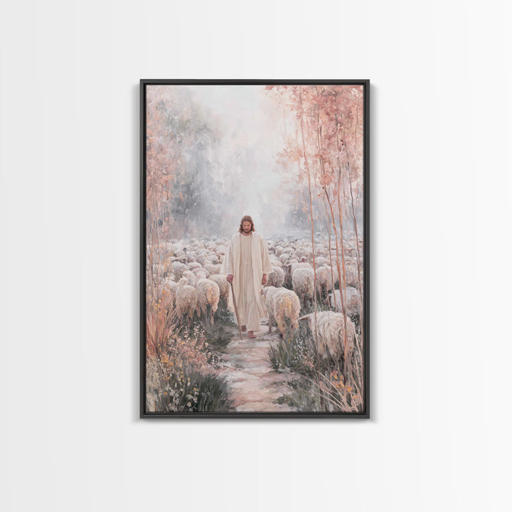 Morning Flock Peace – Framed Canvas Print – Christian Wall Art – Christian Art Canvas – Pastoral Scenery – Christian Decor