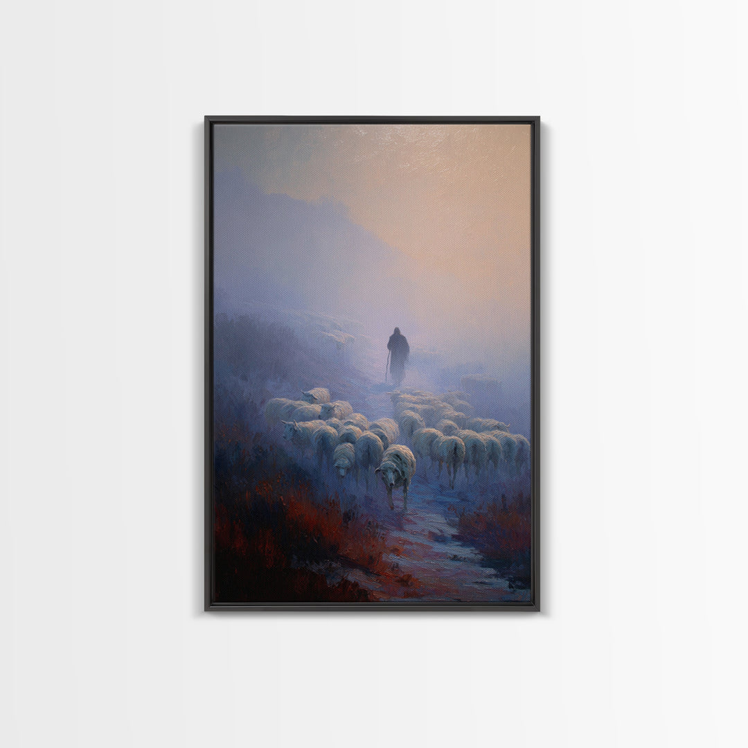 Shepherd’s Dawn Path | Framed Canvas Print | Christian Art Canvas | Christian Wall Art | Pastoral Scenery | Moody Christian Art