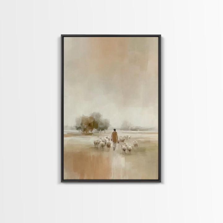 Quiet Field Shepherd, Framed Canvas Print, Christian Wall Art, Christian Art Canvas, Pastoral Scenery, Minimalist Christian Art