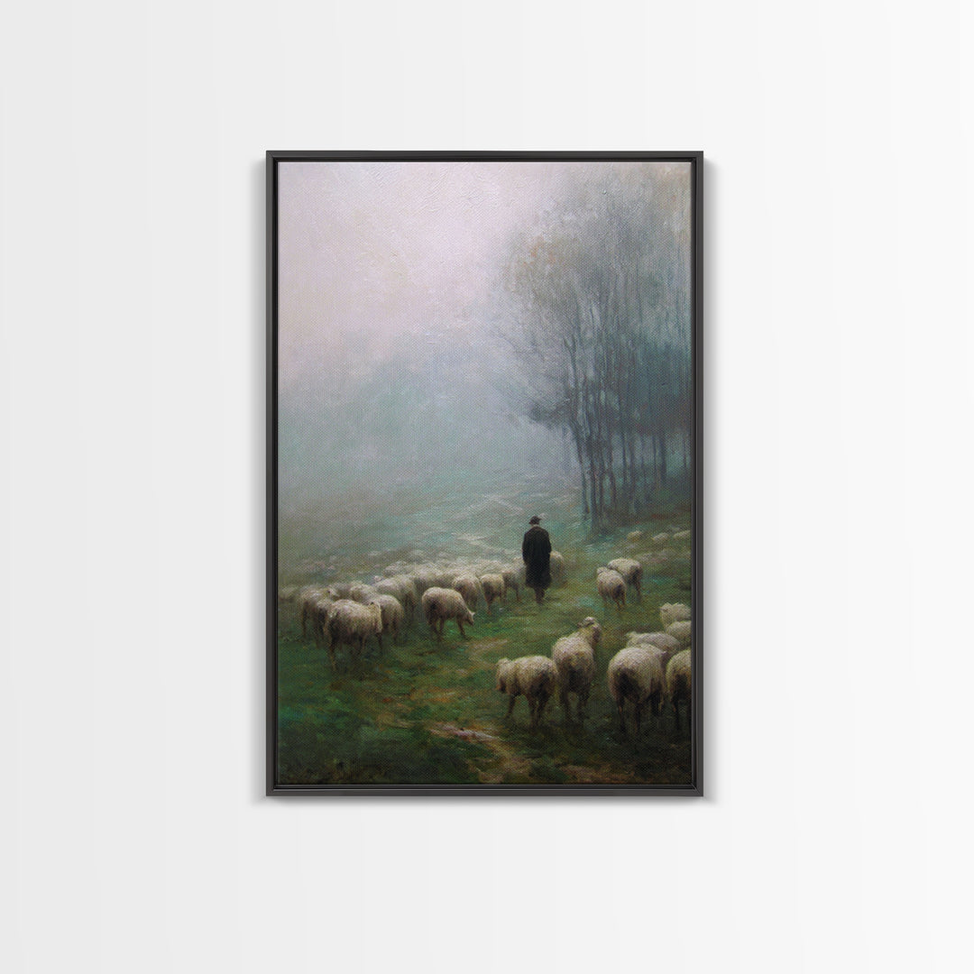 Misty Shepherd Field – Framed Canvas Print – Christian Art Canvas – Christian Wall Art – Pastoral Scenery – Moody Christian Art