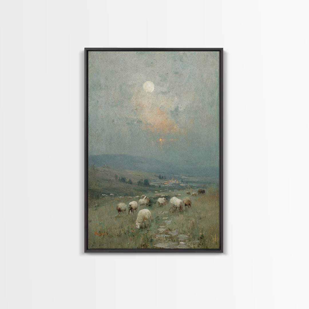 Moonlit Pasture Peace, Framed Canvas Print, Christian Art Canvas, Christian Wall Art, Vintage Christian Art, Christian Painting