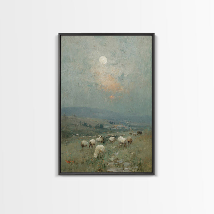 Moonlit Pasture Peace, Framed Canvas Print, Christian Art Canvas, Christian Wall Art, Vintage Christian Art, Christian Painting