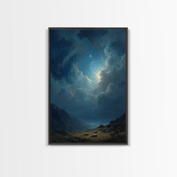Night Star Valley – Framed Canvas Print – Christian Wall Art – Christmas Art – Christian Christmas Art – Christian Art Canvas