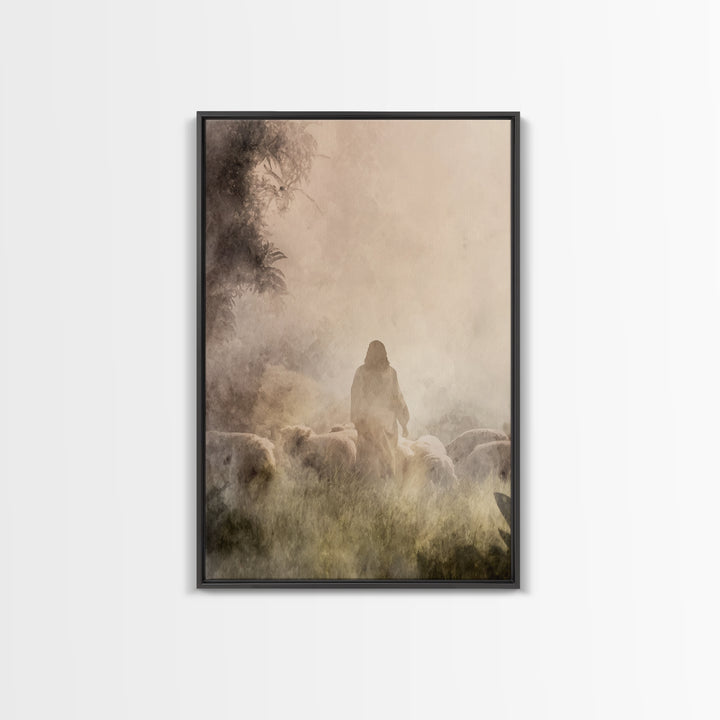 Shepherd In Light – Framed Canvas Print – Christian Wall Art – Christian Art Canvas – Moody Christian Art – Jesus Painting – Christian Gift