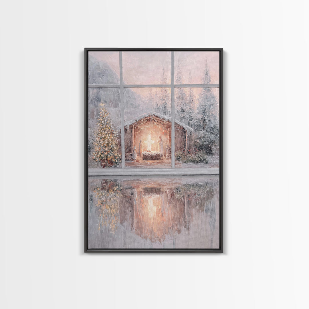 Winter Nativity Glow – Framed Canvas Print – Christmas Wall Art – Christian Christmas Art – Christmas Art Prints – Christian Decor – Framed