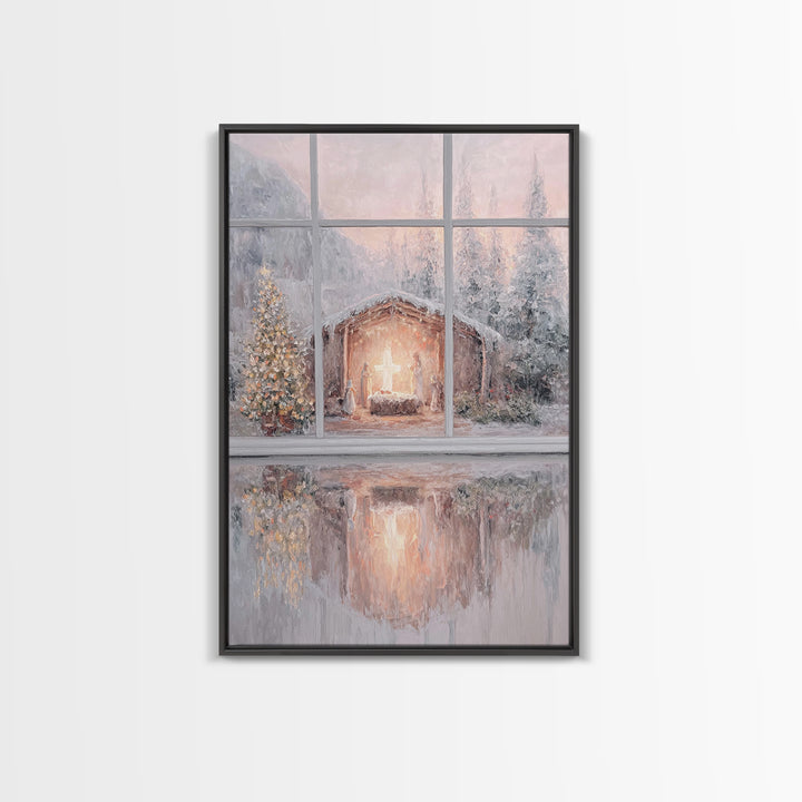 Winter Nativity Glow – Framed Canvas Print – Christmas Wall Art – Christian Christmas Art – Christmas Art Prints – Christian Decor – Framed