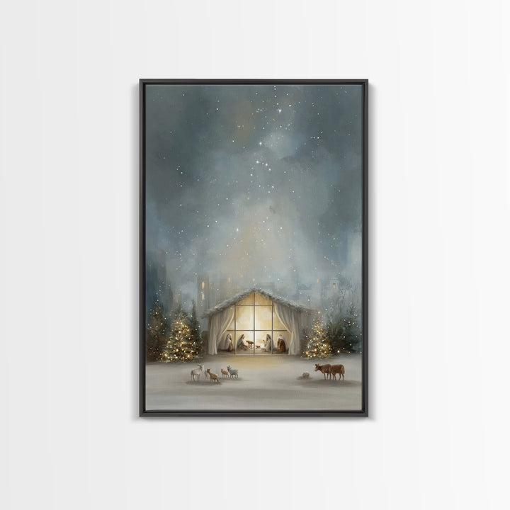 Starry Bethlehem Night – Framed Canvas Print – Christian Christmas Art – Christmas Wall Art – Modern Christmas Art – Christmas Art Prints –