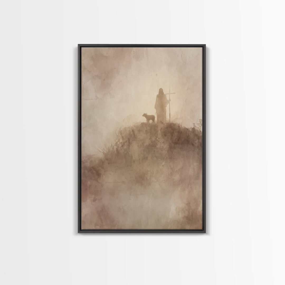 Silent Mist Journey – Framed Canvas Print – Jesus Painting – Christian Art Canvas – Christian Wall Art – Minimalist Christian Art