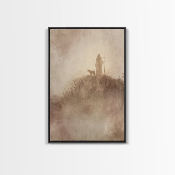 Silent Mist Journey – Framed Canvas Print – Jesus Painting – Christian Art Canvas – Christian Wall Art – Minimalist Christian Art
