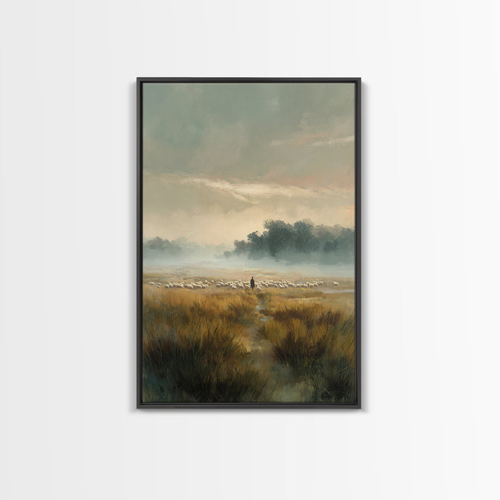 Morning Pasture – Framed Canvas Print – Christian Art Canvas – Christian Wall Art – Christian Painting – Subtle Christian Art – Pastoral Sc
