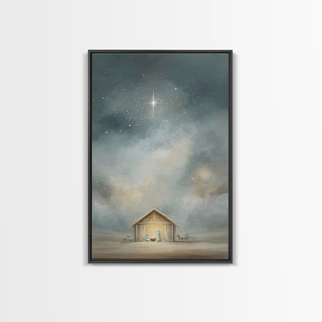 Holy Night Shelter – Framed Canvas Print – Christian Christmas Art – Christian Wall Art – Christmas Art Prints – Jesus Art Print – Christia