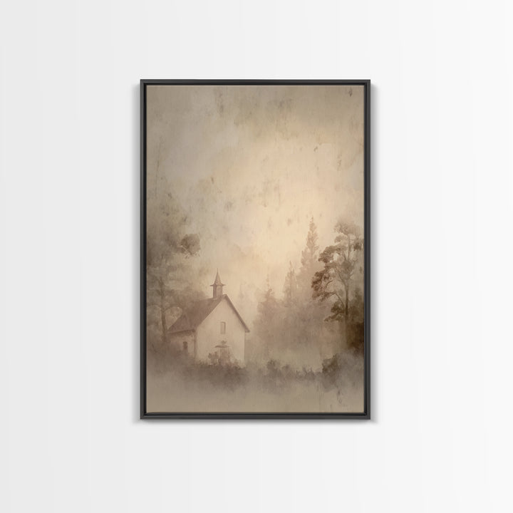Misty Dawn Chapel – Framed Canvas Print – Christian Art Print – Christian Wall Art – Vintage Christian Art – Christian Christmas Art – Chri