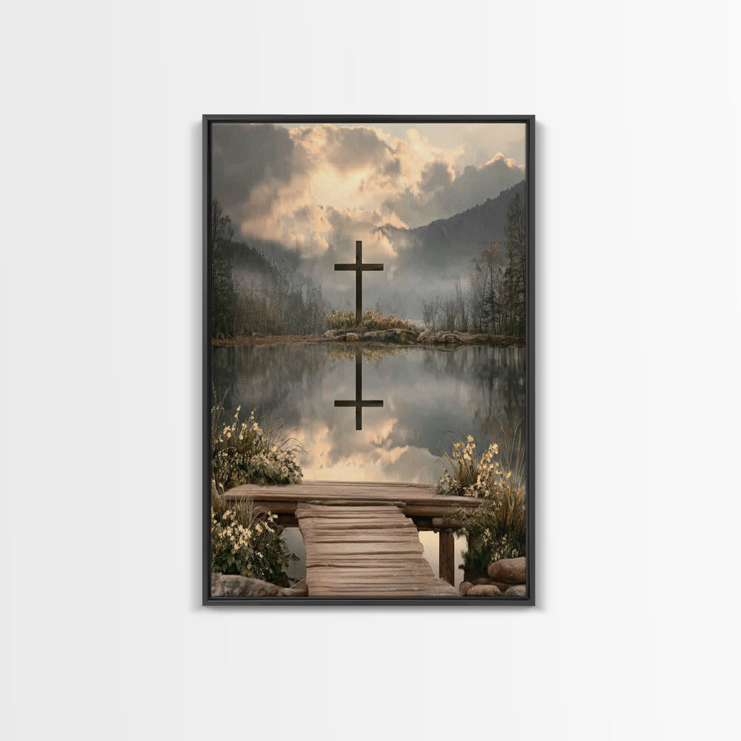 Mountain Dawn Cross – Framed Canvas Print – Christian Wall Art – Christian Art Canvas – Christian Christmas Art – Subtle Christian Art – Ch