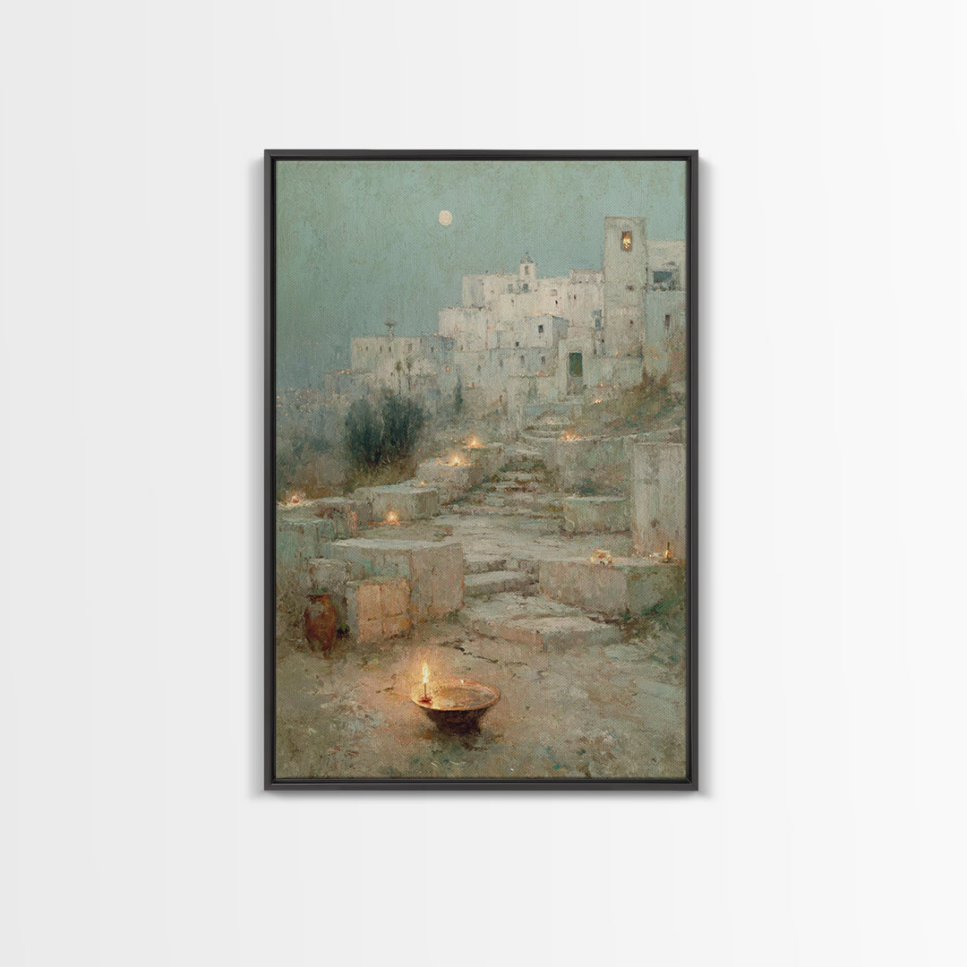 Moonlit Holy City – Framed Canvas Print – Christian Wall Art – Christmas Art Framed – Christian Art Canvas – Vintage Christian Art – Christ