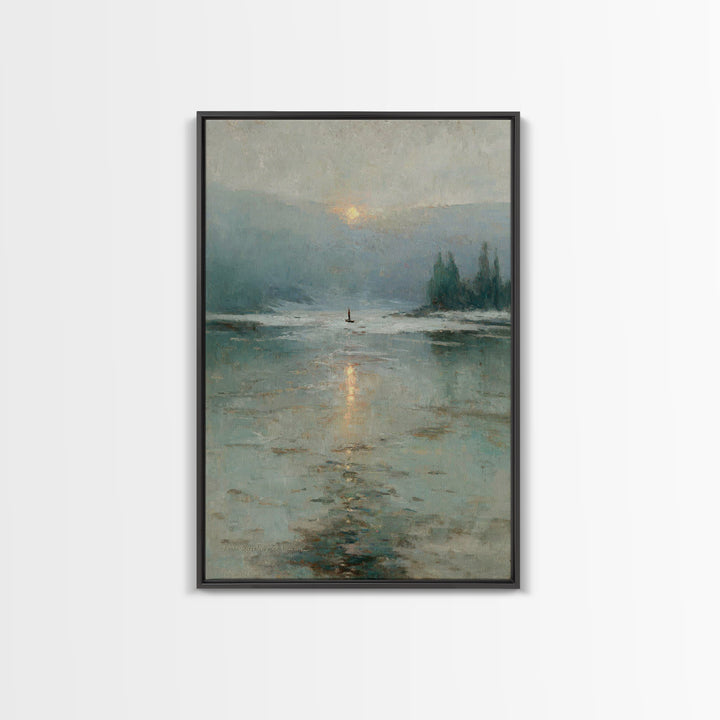 Silent Lake Dawn – Framed Canvas Print – Christian Art Print – Christian Wall Art – Vintage Christian Art – Blue Christian Art – Christian
