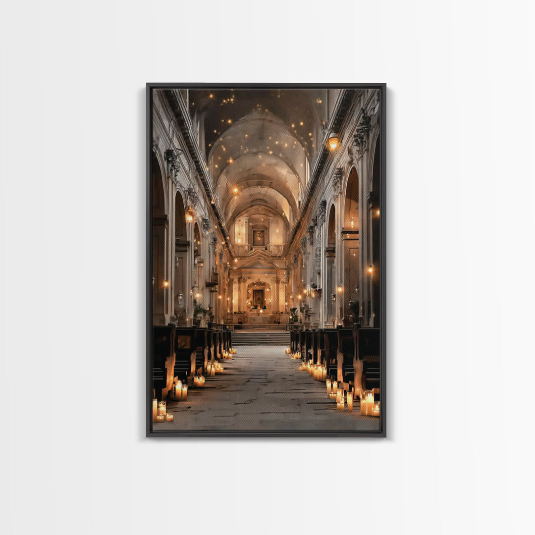 Golden Chapel Glow, Framed Canvas Print, Christian Art Canvas, Christian Wall Art, Moody Christian Art, Christian Decor, Christmas Art Prin