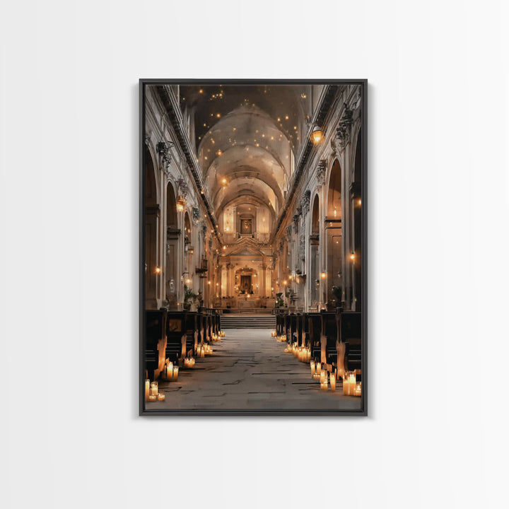 Golden Chapel Glow, Framed Canvas Print, Christian Art Canvas, Christian Wall Art, Moody Christian Art, Christian Decor, Christmas Art Prin