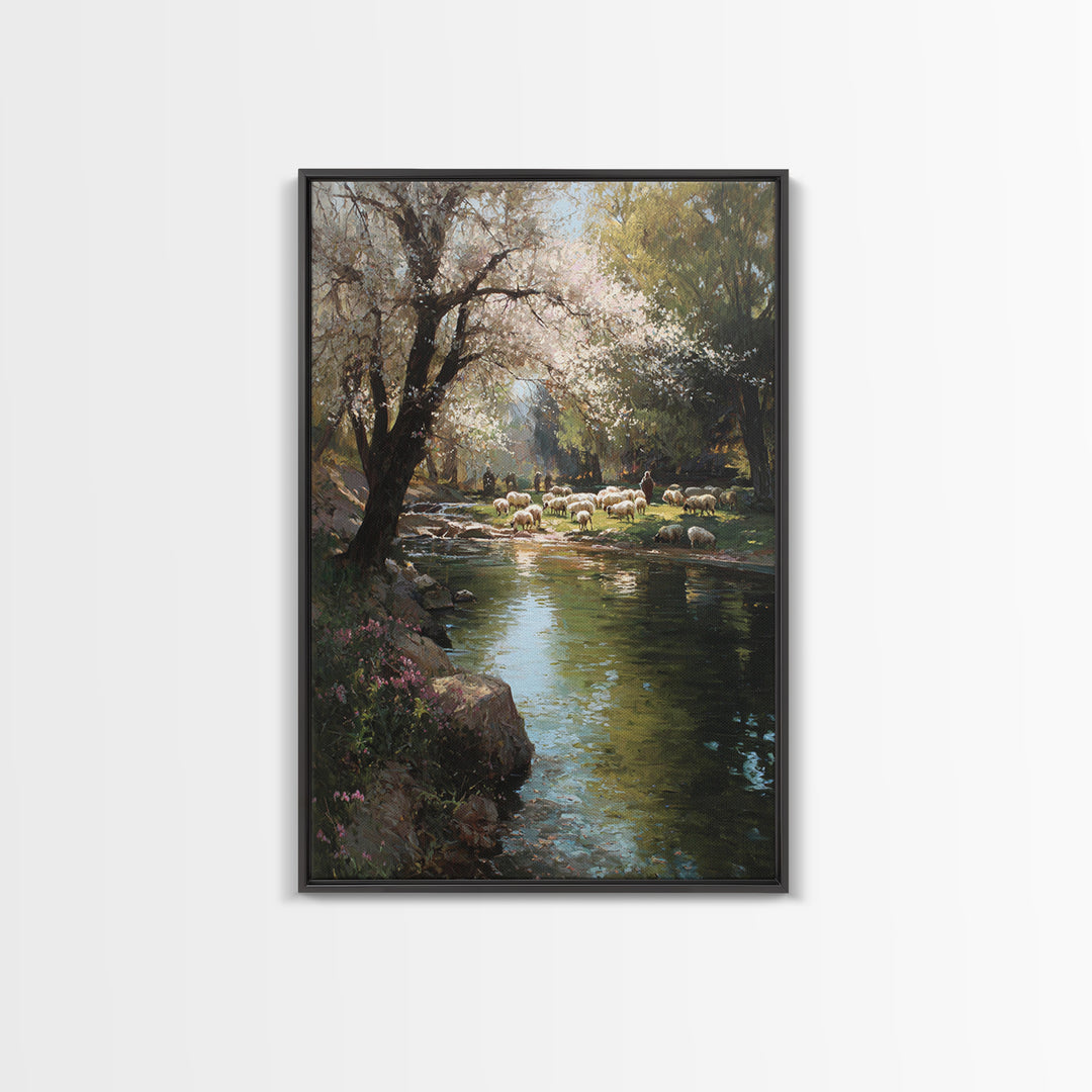 Shepherds By Morning – Framed Canvas Print – Christian Art Canvas – Christian Wall Art – Pastoral Scenery – Modern Christian Art – Christia