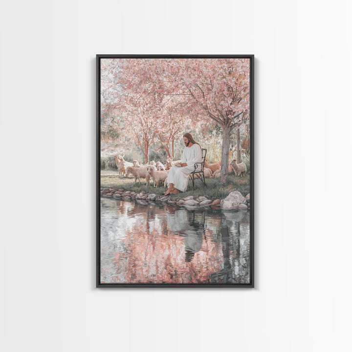 Christ By The Blossoms, Framed Canvas Print, Jesus Art Print, Christian Wall Art, Christian Art Canvas, Christian Decor, Subtle Christian A