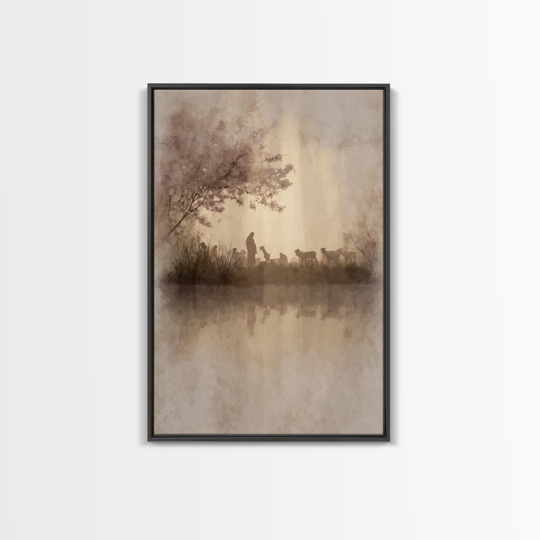 Gentle Shepherd Light | Framed Canvas Print | Christian Wall Art | Christian Art Canvas | Pastoral Scenery | Minimalist Christian Art | Chr