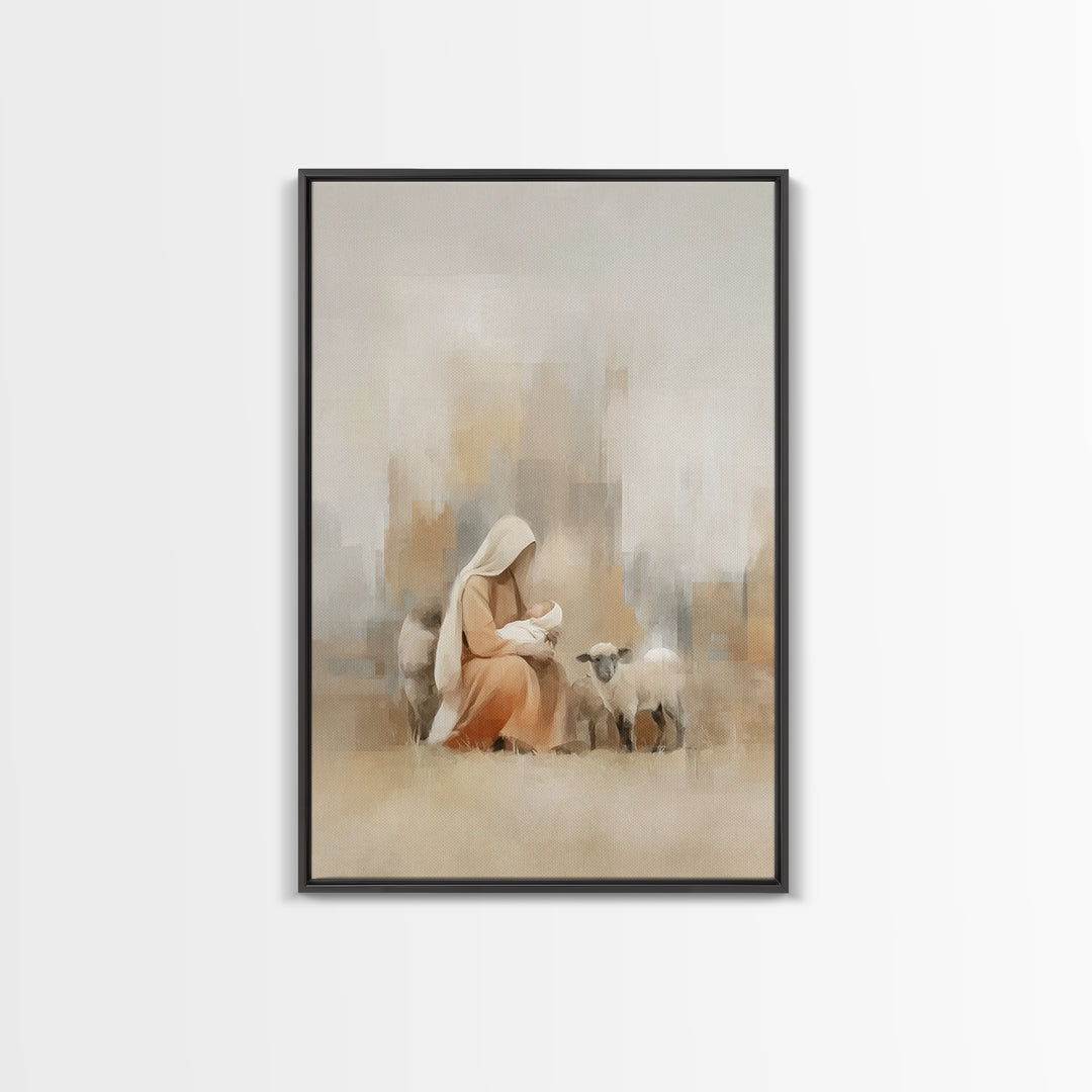 Pasture Of Peace, Framed Canvas Print, Christian Art Canvas, Christian Wall Art, Christmas Art, Mary And Jesus Painting, Christian Gift Ide