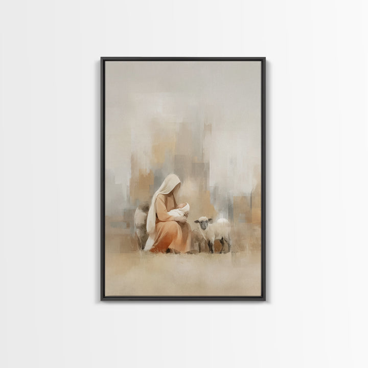 Pasture Of Peace, Framed Canvas Print, Christian Art Canvas, Christian Wall Art, Christmas Art, Mary And Jesus Painting, Christian Gift Ide