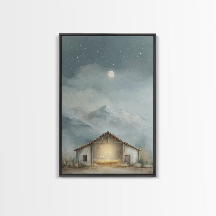 Moonlit Stable Calm | Framed Canvas Print | Christian Art Canvas | Christian Wall Art | Christmas Art | Christian Christmas Decor | Faith A