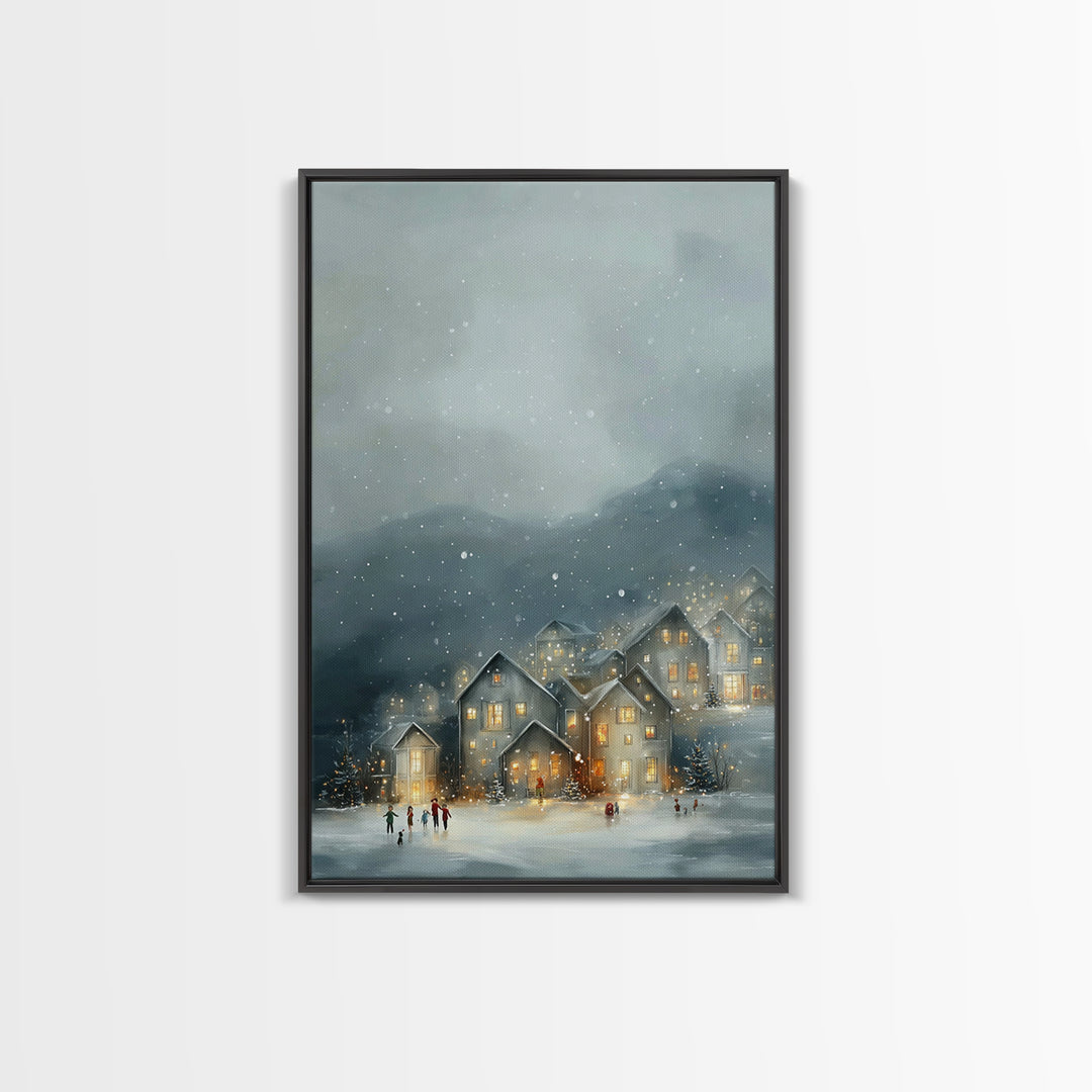 Snowy Village Light – Framed Canvas Print – Christmas Canvas Wall Art – Christian Christmas Art – Moody Christmas Art – Christian Art Canva