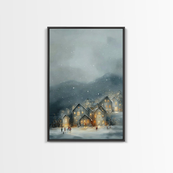 Snowy Village Light – Framed Canvas Print – Christmas Canvas Wall Art – Christian Christmas Art – Moody Christmas Art – Christian Art Canva