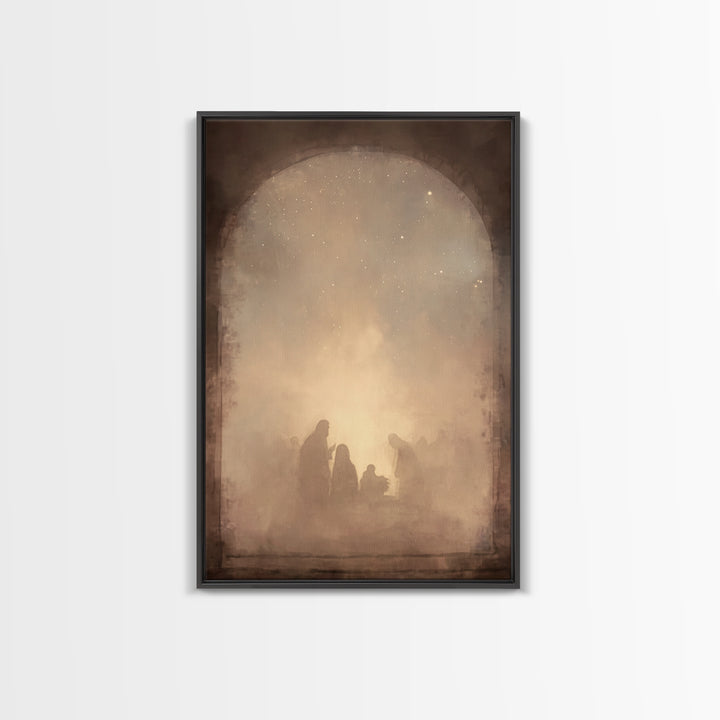 Silent Manger Glow – Framed Canvas Print – Christian Christmas Art – Christmas Canvas Wall Art – Christian Art Canvas – White Christmas Art