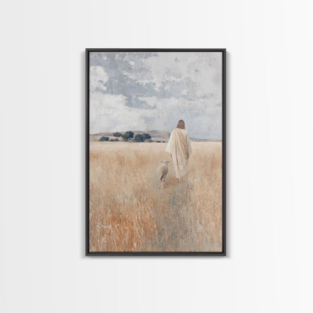 Golden Pasture Shepherd – Framed Canvas Print – Christian Art Canvas – Christian Wall Art – Jesus Painting – Christian Christmas Art – Chri