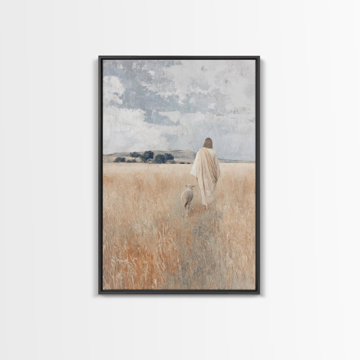 Golden Pasture Shepherd – Framed Canvas Print – Christian Art Canvas – Christian Wall Art – Jesus Painting – Christian Christmas Art – Chri