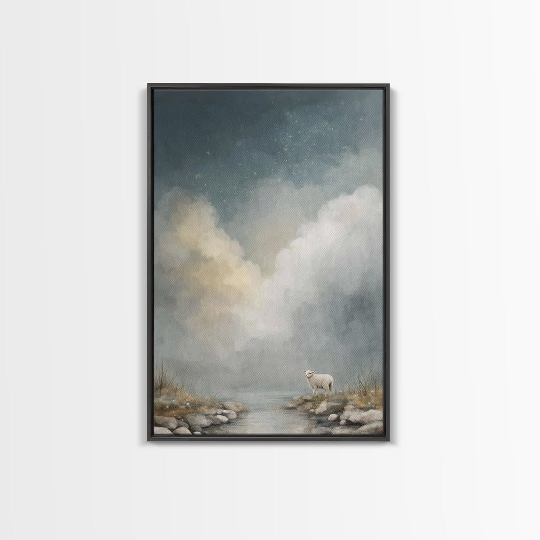 Quiet River Lamb, Framed Canvas Print, Christian Wall Art, Christian Art, Christian Art Canvas, Christian Gift Ideas, Jesus Painting