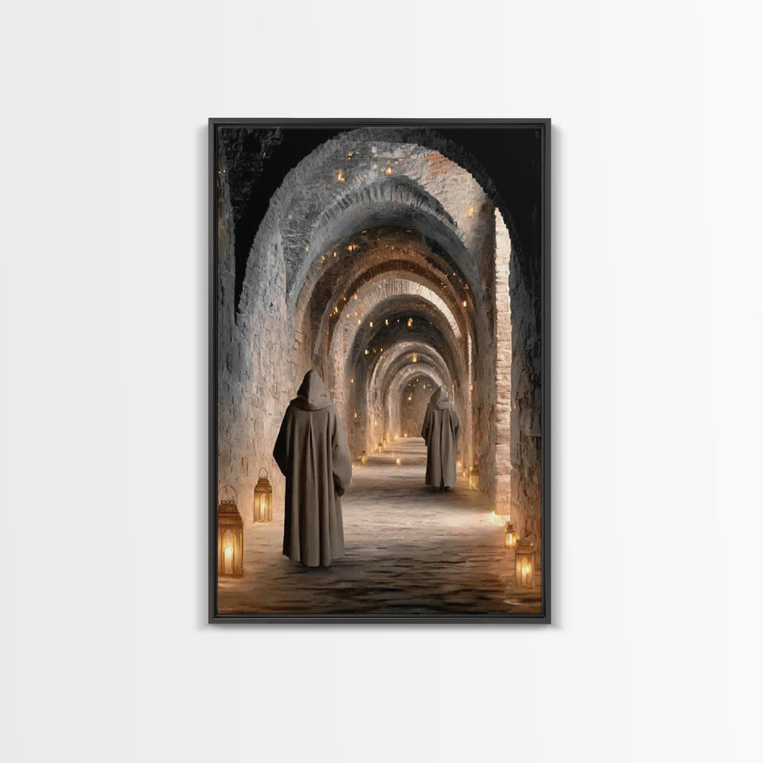 Monastic Pathway Glow – Framed Canvas Print – Christian Art Canvas – Christian Wall Art – Moody Christian Art – Christian Decor – Christmas