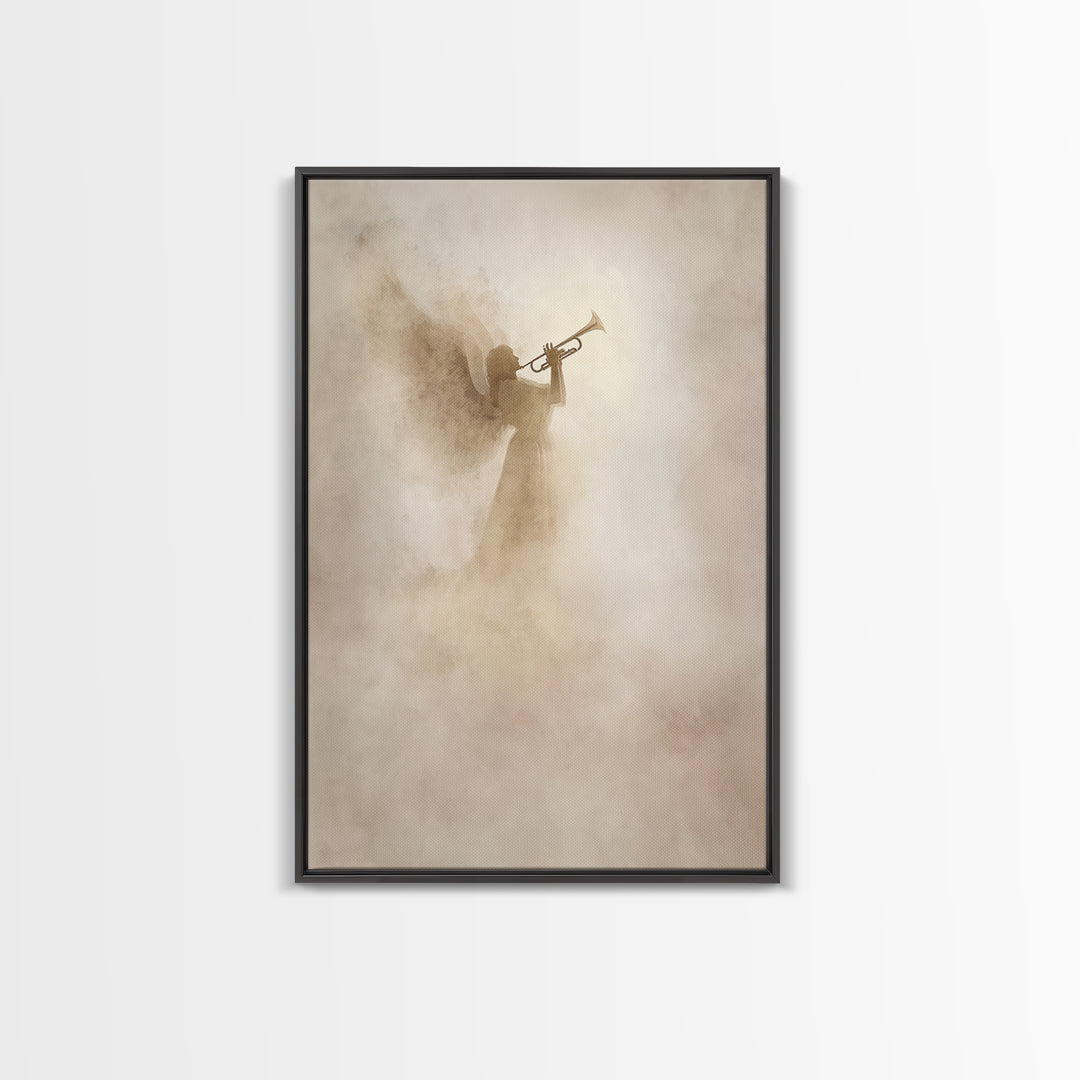 Trumpet In The Clouds – Framed Canvas Print – Christian Wall Art – Christian Art Canvas – Angel Art – Subtle Christian Art – Christian Deco