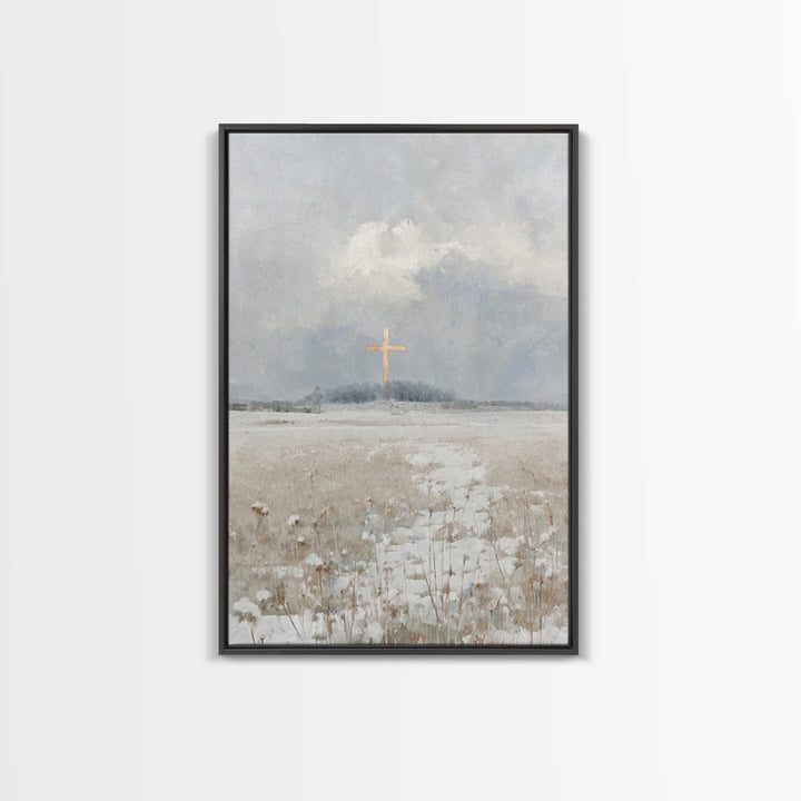 Winter Cross Peace – Framed Canvas Print – Christian Wall Art – Christian Art Work – Blue Christian Art – Christian Christmas Art – Christi