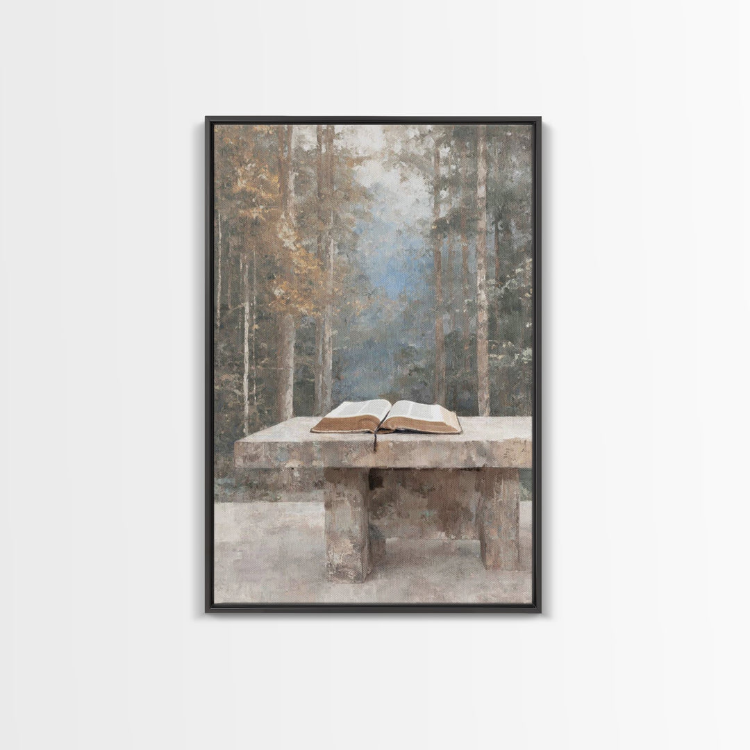 Quiet Scripture Table, Framed Canvas Print, Christian Wall Art, Christian Art Canvas, Christian Gift, Subtle Christian Art