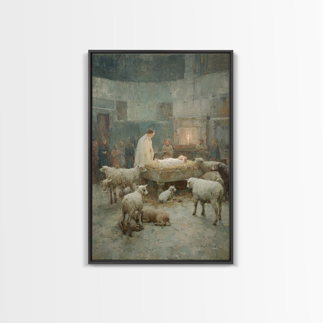 Humble Stable Grace – Framed Canvas Print – Christian Art Print – Christmas Wall Art – Jesus Christmas Art – Vintage Christian Art – Christ