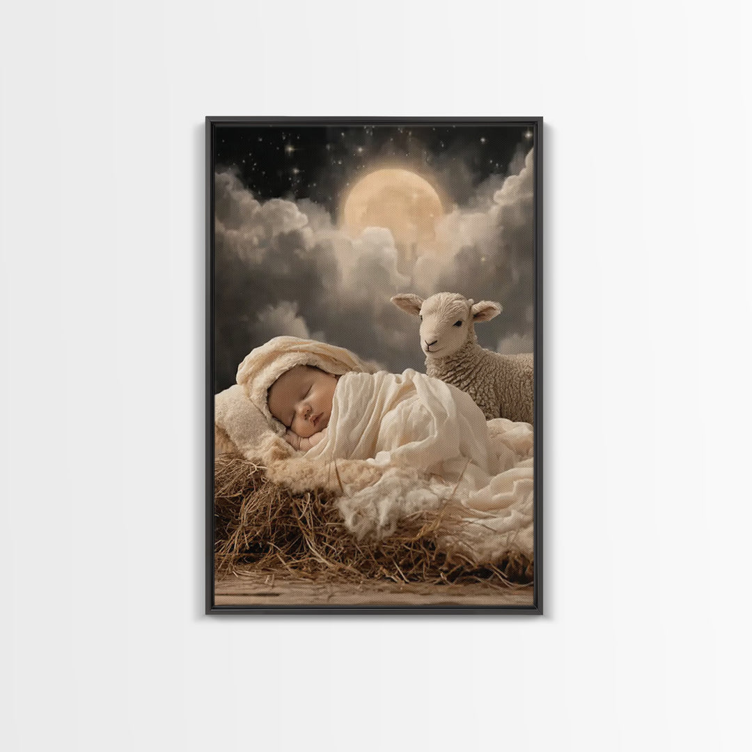Holy Lamb Watch – Framed Canvas Print – Christian Christmas Art – Christian Art Print – Jesus Christmas Art – Christmas Wall Art – Modern C