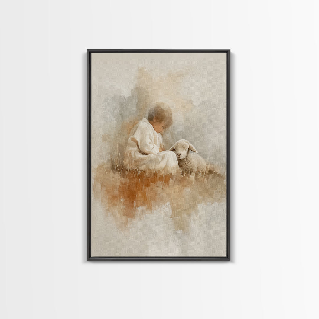 Gentle Shepherd Joy – Framed Canvas Print – Christian Art Print – Modern Christian Art – Christian Christmas Art – Jesus Painting – Christm