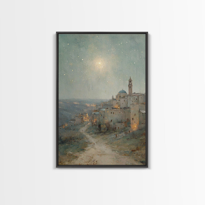 Bethlehem Nightfall, Framed Canvas Print, Christian Wall Art, Christmas Art Prints, Christian Art Canvas, Christian Christmas Art, Vintage