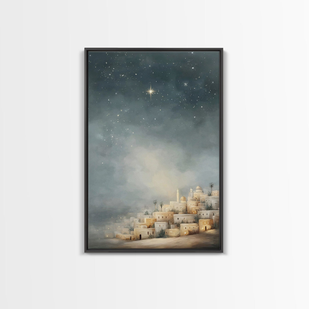 Midnight Bethlehem Glow – Framed Canvas Print – Christian Wall Art – Christmas Art Prints – Christian Christmas Art – Modern Christian Art