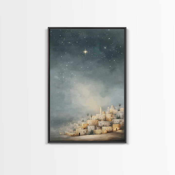 Midnight Bethlehem Glow – Framed Canvas Print – Christian Wall Art – Christmas Art Prints – Christian Christmas Art – Modern Christian Art