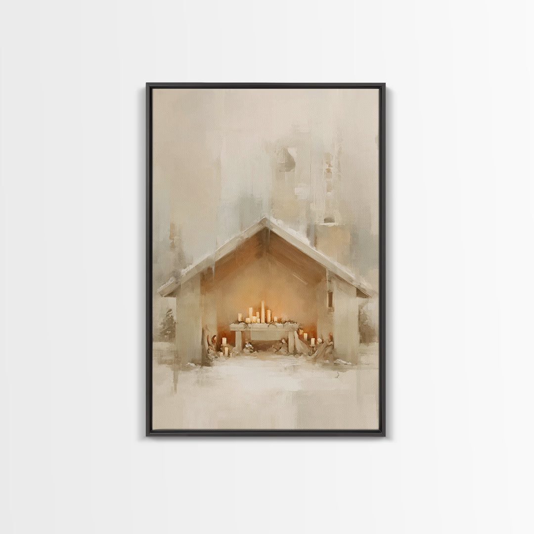 Humble Nativity Glow, Framed Canvas Print, Christmas Wall Art, Christian Art Canvas, Minimalist Christian Art, Christian Christmas Art, Sub